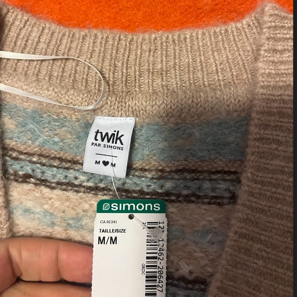 Retro cream & blue Scottish jacquard wool blend knit cropped V-neck sweater NWT - Picture 8 of 8